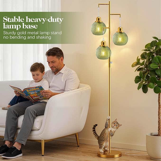 QiMH Modern Floor Lamps for Living Room, Standing Lamp with 3 Lights, 68" Tall Lamp for Bedroom, Green Vintage Glass Lamp with Stepless Dimmable for Home Decor, 3 LED Bulb Included, Brushed Gold