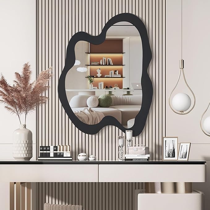 Irregular Wall Mirror - 24" x 32" Asymmetrical Wavy Mirror, Modern Decorative Wall Mirror with Black Wood Frame for Bedroom, Living Room, Entryway, Bathroom, Cloakroom