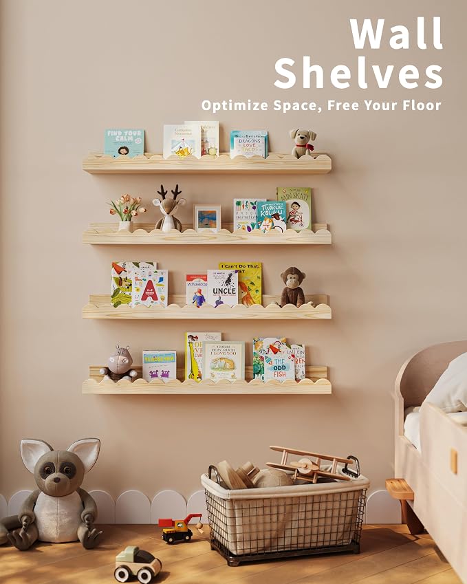 Shario Nursery Book Shelves, 4-Pack Wood Floating Shelves for Wall Kids, Scalloped Shelves, Wall Book Shelves for Bedroom Kids, Toddler Room, Baby Room, Nursery Decor (Wood, 23 Inches)