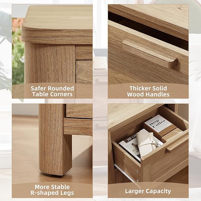 Farmhouse Nightstand Set of 2 with Charging Station, End Tables Bedroom with 2 Large Drawers & 4 Thickened Table Legs, Dark Wood