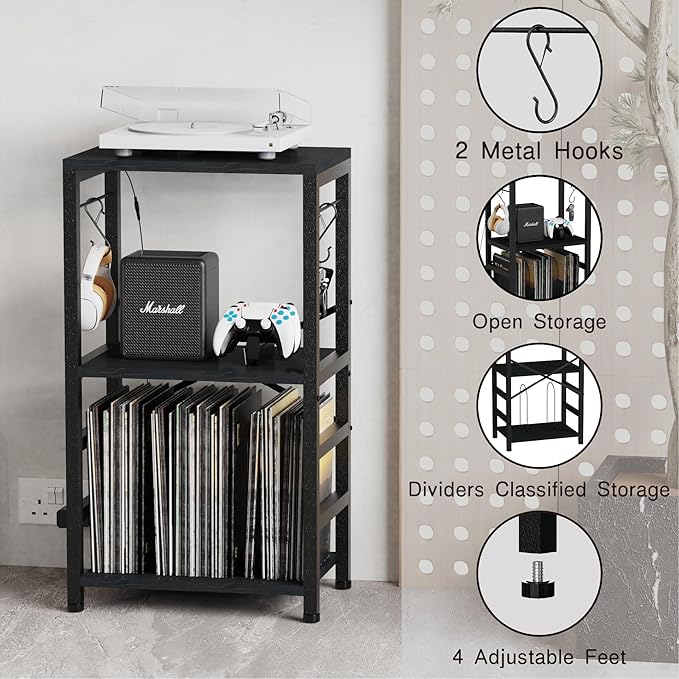 YAKANJ End Table with LED Light,Record Player Stand with Albums Storage,Vinyl Records Storage,Turntable Stand Side Table for Music Room Studio Living Room Bedroom-Modern Black