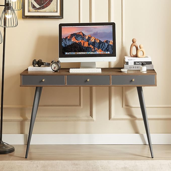 KEVINSPACE Mid Century Desk with Drawers, 47" Modern Home OfficeDesk, Writing StudyDesk ComputerDesk with Metal Legs & 3 Drawers, Multipurpose Vanity TableDesk for Bedroom Office, Walnut&Grey