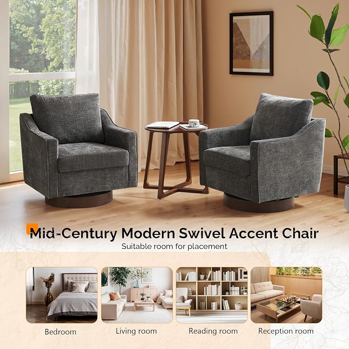 VINGLI Mid-Century Modern Swivel Accent Chairs Set of 2, 360°Upholstered Armchairs, Home Sofa with Track Arms for Living Room, Bedroom, Reading Room, Club Swivel Chairs, Chenille Grey