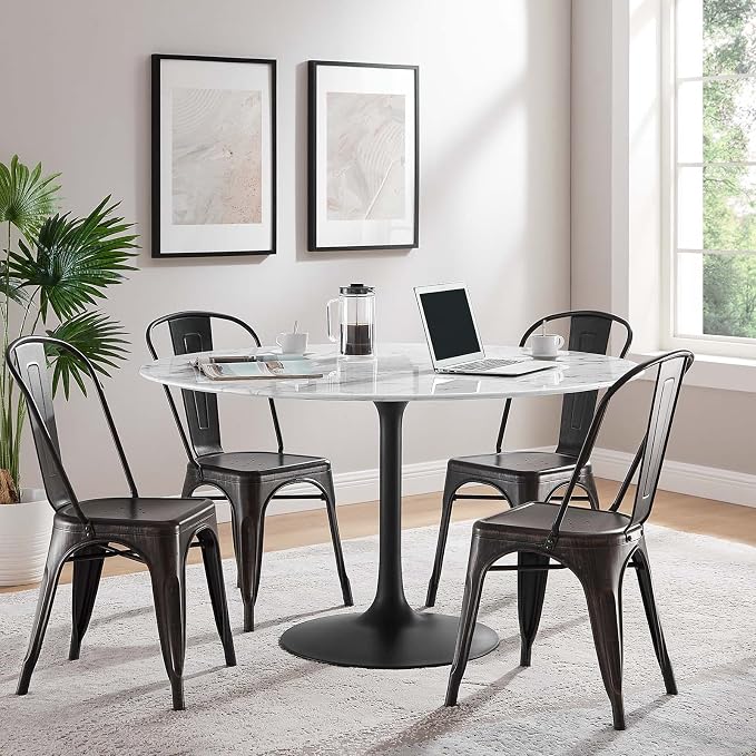 Modway Lippa 54" Round Artificial Marble Dining Table, Top, Black Base