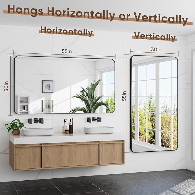 Bathroom Mirrors for Over Sink 55" x 30", Black Metal Frame Rounded Corner Rectangle Wall Mirror, Modern Farmhouse Vanity Mirror(Horizontal/Vertical)
