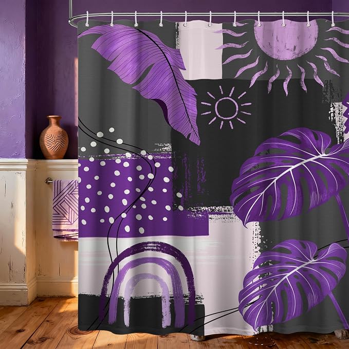 Purple and Gray Mid Century Modern Shower Curtain Bohemian Abstract Dark Purple and Grey Shower Curtains for Bathroom Decor Sets, Waterproof Cloth Fabric with Hooks, 70x72 Inch