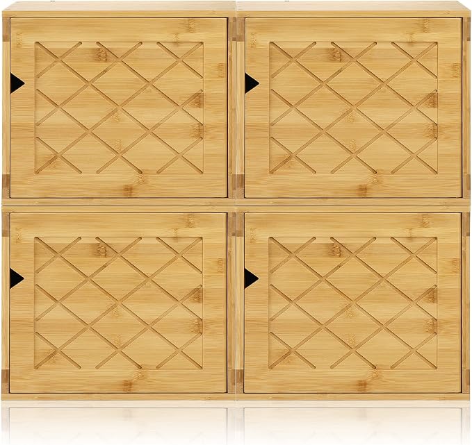 Fasmov Cube Storage Organizer, Bamboo Cube Bookshelf, Stackable Connect Storage Cube Cubby Organizer with Door, Stackable Cubes Bin for Bedroom, Home and Office