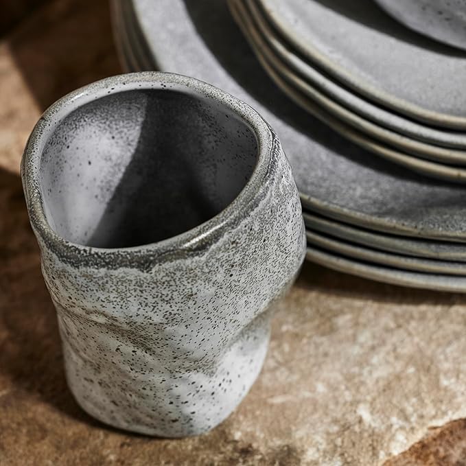 Stone by Mercer Project Atik Modern Stoneware 16-Piece Dinnerware Set, Plate and Bowl Set, Dish set for 4, Grey Speckled