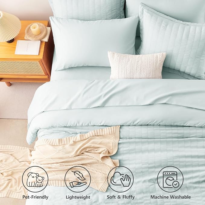CozyLux Full Size Comforter Sets Ice Blue, 7 Pieces Seersucker Textured Luxury Bed in a Bag, All Seasons Soft Bedding Sets with Down Alternative Comforter, Sheets, Pillowcases & Shams, Home Gift