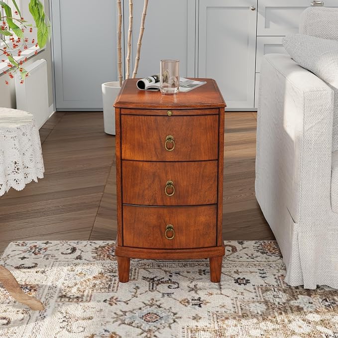 Solid Wood End Table with 3 Drawers, Cherry Red American Style Beside Table with Slide-Out Coffee Tray, Sofa Chair Side Table Nightstand for Living Room Bedroom, Rustic Wood Grain Accent Table 1569MG