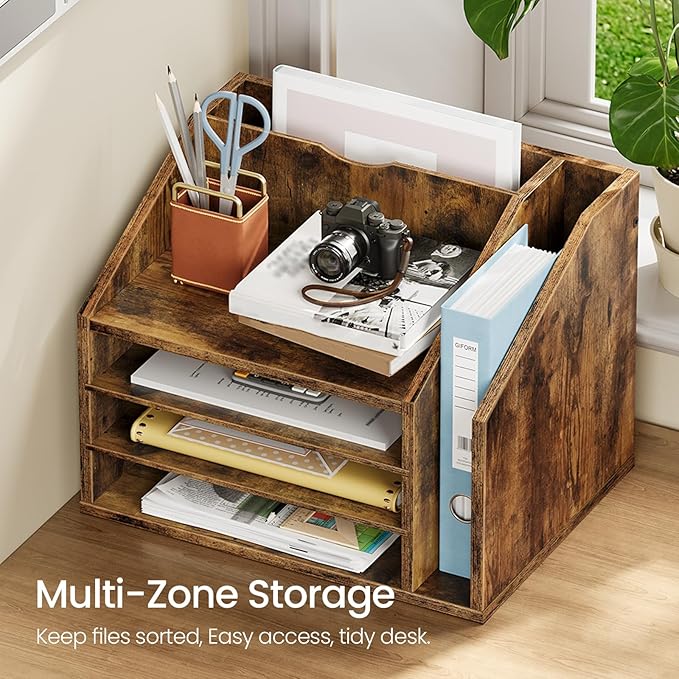 CHOEZON Wooden Desk Organizer with Adjustable Partitions, Multi-Layer Desktop File Holder for Home Office, Paper & Stationery Storage Organizer, Rustic Brown MWJ04FG