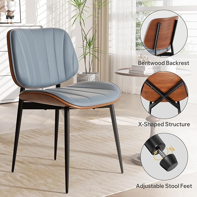 Dining Chairs Set of 2, Mid Century Modern Dining Room Chair, Upholstered Faux Leather Kitchen Chairs with Walnut Bentwood Back and Metal Legs for Kitchen Dining Room Living Room, Blue