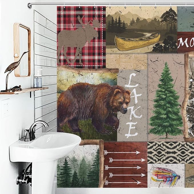 Retro Rustic Bear Shower Curtains, Vintage Deer Farmhouse Forest Cabin Lodge Woodland Adventure Cottage Country Waterproof Shower Curtains for Bathroom Decor 12 Pack Hooks 72x72in (183x183cm