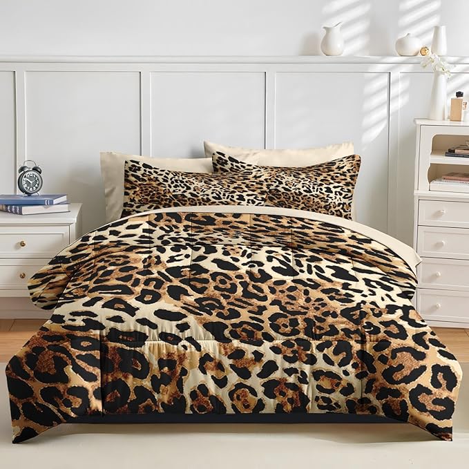 Nesker Comforter Set Queen Size, Leopard Print Wild Cheetah 7 Pcs Bedding for Kids and Adults, Animal Safari Skin Pattern Bed Sheet Sets with Fitted Sheet 2 Pillowcases & 2 Shams