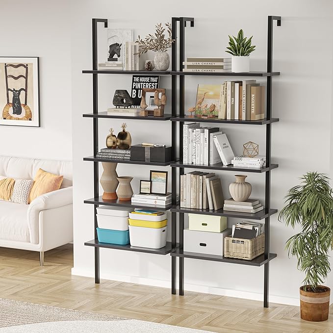 Furmax 5-Tier Bookshelf, Wall Mount Ladder Shelf with Wood Board and Industrial Metal Frame, for Home Office, Living Room, Bedroom, Entryway and Hallway, (2, Black)