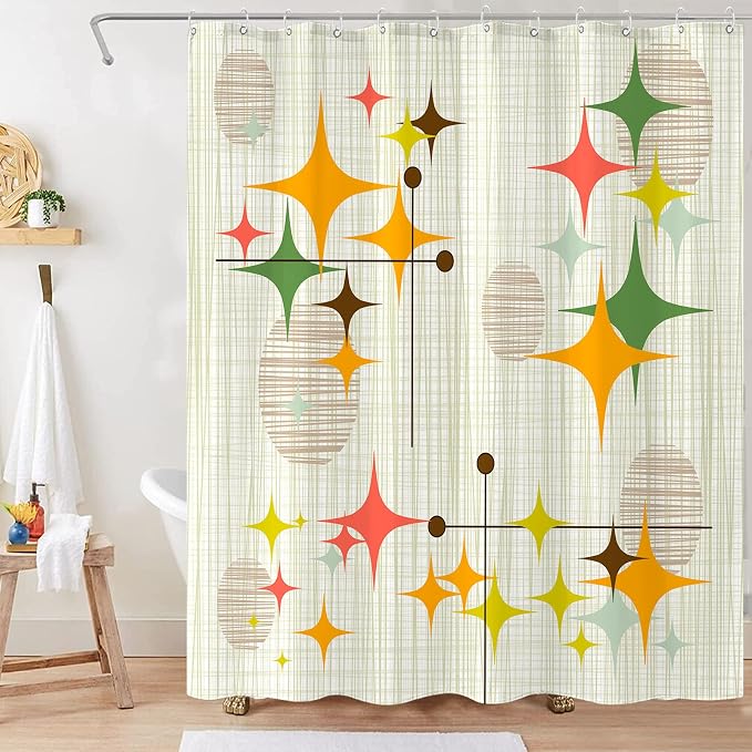 Mid Century Modern Shower Curtain Retro Stars Shower Curtains for Bathroom Abstract Vintage Boho Art Waterproof Fabric Bath Curtain Decor with Hooks (Yellow1, 72'' x 72'')