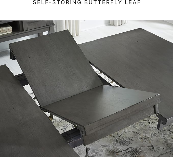 Signature Design by Ashley Hallanden Modern Farmhouse Rectangular Dining Room Butterfly Extension Table with Self-Storing Leaf, Seats Up to 6, Wood, Dark Gray