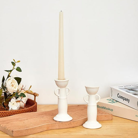 Denique Ceramic Candle Holders Set of 2, Creative Modern Minimalist Candlestick Holder Set, Table Centerpiece Taper Candle Holders, Candlelight Dinner Creative Decoration Ornaments (White)