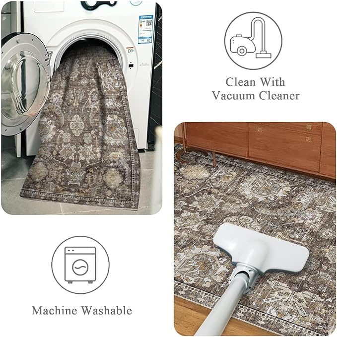 RUGSURE Washable Area Rugs - Perfect for Living Room, Bedroom, Kids Room, Nursery - Stain & Water Resistant Non-Slip, Pet & Child Friendly, Vintage Tribal Area Rugs (Ivory, 4' x 6')