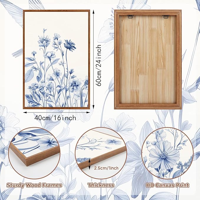 HLNIUC Blue Flower Bird Wall Art Set,Large Canvas Wall Art Blue White Wildflower Poster,Farmhouse Vintage Blue Bird Blossoms Canvas Painting,Botanical Floral Art Print for Living Room Bedroom-16"x24"x3