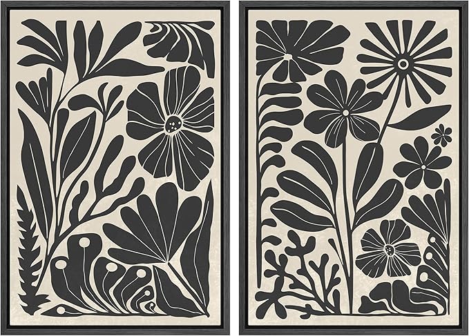 MUDECOR Framed Canvas Wall Art Abstract Floral Botanical Prints Minimalist Modern Art Boho Wall Decor for Bedroom - 24"x36"x2 Black