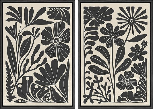 MUDECOR Framed Canvas Wall Art Abstract Floral Botanical Prints Minimalist Modern Art Boho Wall Decor for Bedroom - 24"x36"x2 Black