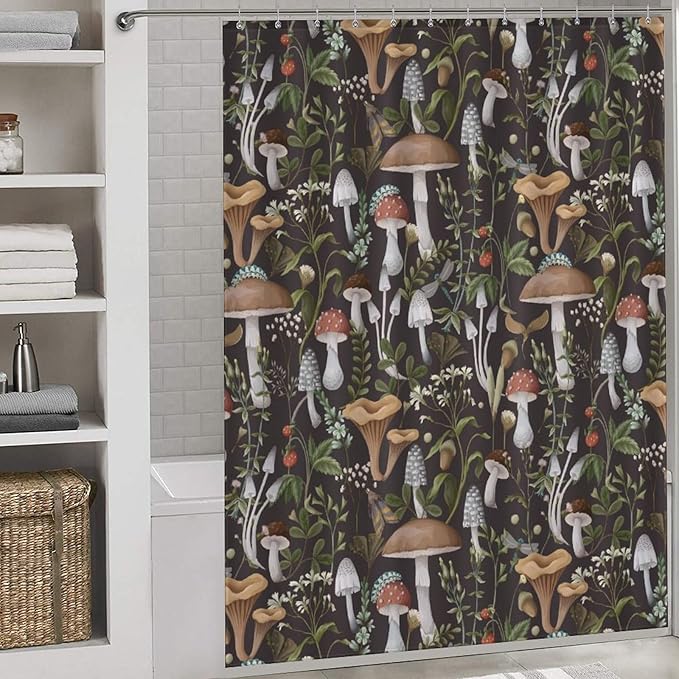 Mushroom Shower Curtain, RFarmhouse Country Wild Floral Botanical Mushroom Cottagecore Nature Plants Leaves Herbs Black Waterproof Fabric Bathroom Shower Curtain Set with Hooks, 72"x84" Inch