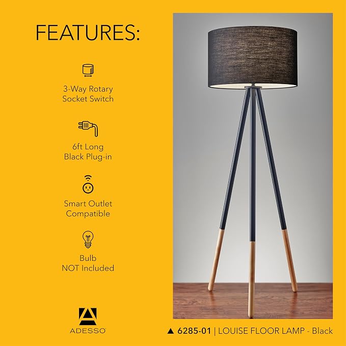 Adesso 6285-01 Louise, 60.25 in., 150 W Incandescent/ equiv. CFL, Black Painted Metal w/ Wood Tips, 1 Floor Lamp