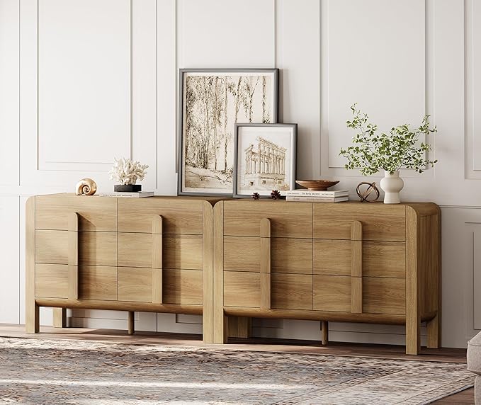 WAMPAT 94.4" W Buffet Cabinet with 12 Drawers, Modern Sideboard Buffet Cabinet with Storage, Buffet Table Coffee Bar Wine Bar Storage Cabinet for Dining Room, Living Room, Hallway, Light Walnut