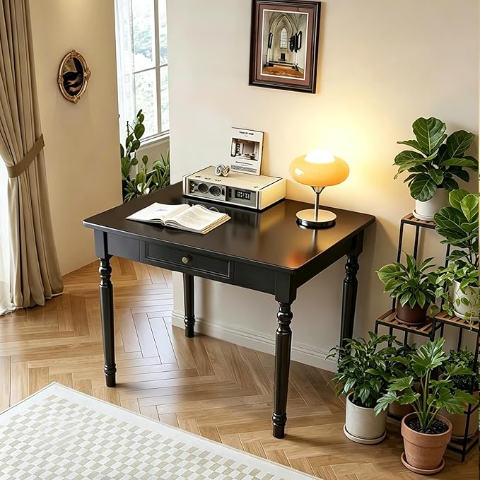 Solid Wooden Desk with Drawers, Small Writing Desk with Drawers for Computer, PC Desk for Work, Study or Gaming, Easy to Assemble (Black, 31.5IN)