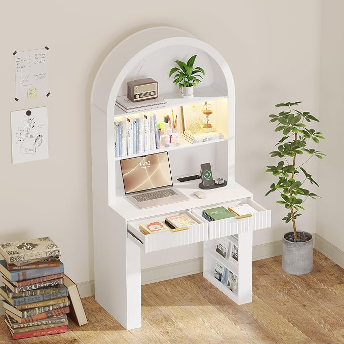 Arched Desk for Home Office, Computer Desk with 2 Drawers & Hutch, Wood Writing Desk with Power Outlets, 3 Color LED Lights, Side Open Shelves, Modern Fluted Design, 35.4" W x 70.8" H (White)