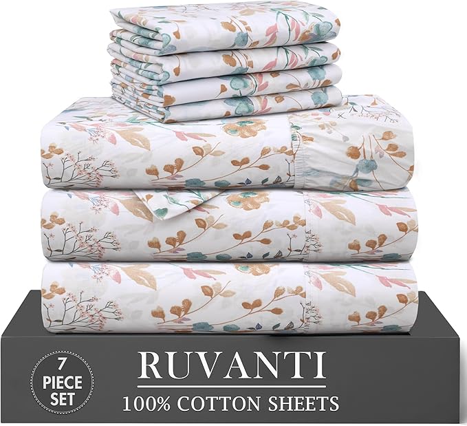 RUVANTI 100% Cotton Percale Sheets Split King Size 7 Piece Set, Cooling Bed Sheets for Hot Sleepers, Deep Pocket 16”, Breathable Lightweight & Durable, Crisp Hotel Style Sheets, Radiant