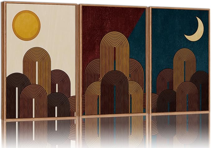 KaiWithYuan Mid Century Modern Framed Canvas Wall Art, Boho Minimalist Geometric Arch Wall Decor, Sun and Moon Art Paintings, Retro Abstract Mountains Artwork for Bedroom Living Room Office 16"x24"x3