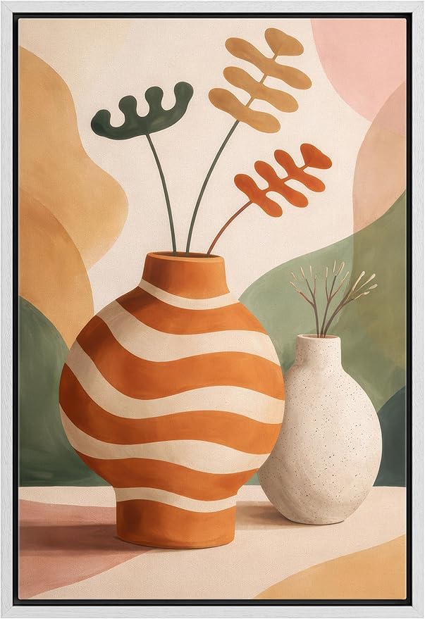 Woodrose Framed Canvas Print Wall Art Mid Century Modern Vase Still Life Illustrations Modern Art Minimalist 3D Colorful Ultra for Living Room, Bedroom, Office - 16"x24" WHITE