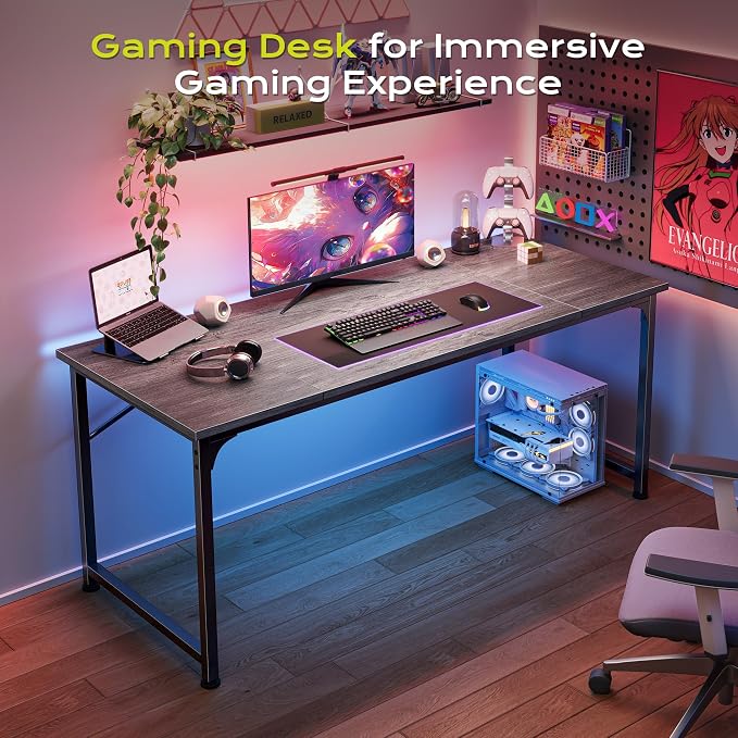 PRAISUN 55 Inch Computer Desk, Home Office Desk with Spacious Desktop, Modern Gaming Desk, Writing Study Table for Bedroom, Small Spaces, Work from Home Desk with Metal Frame, Grey