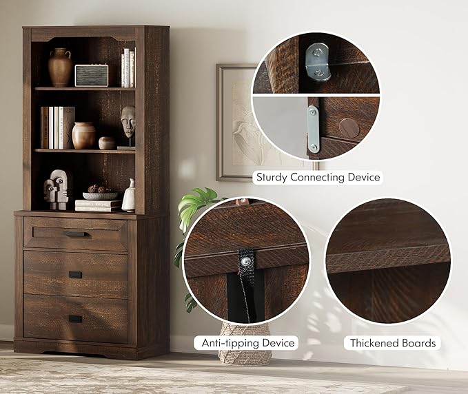 WAMPAT 3 Column 73.3" Tall Bookcase with Chest of Drawers, 94.5 inch Wide Standing Rustic Bookshelves, Modern Farmhouse Display Storage Cabinet with Adjustable Shelves,Dark Wood Brown