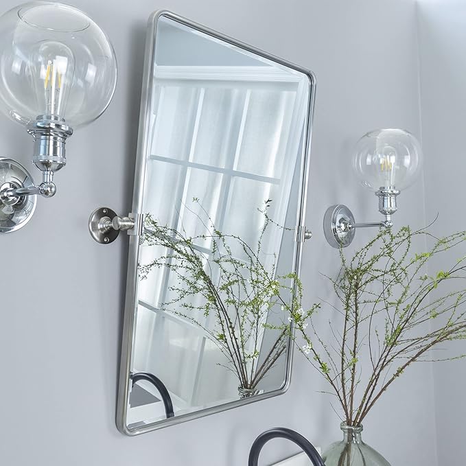 Farmhouse Pivot Rectangle Bathroom Mirror Brushed Nickel Metal Framed Tilting Beveled Vanity Mirrors for Wall, Overall 23.91 x 30 inches (Mirrror 20 x 30 inches)