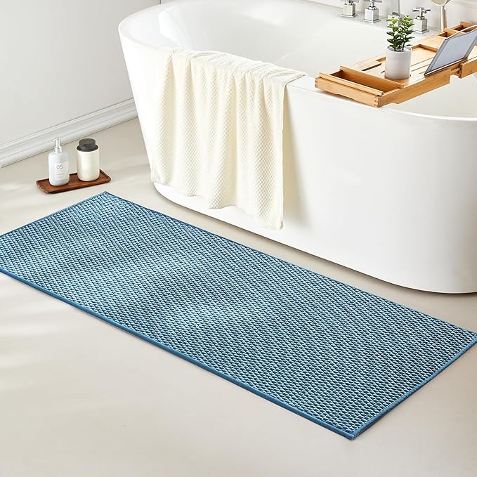 Bathroom Rugs Non Slip Washable, Super Absorbent Thin Bath Mat Quick Dry Low Pile Bathroom Rug, Denim Blue 24"x60"