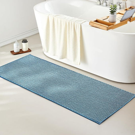Bathroom Rugs Non Slip Washable, Super Absorbent Thin Bath Mat Quick Dry Low Pile Bathroom Rug, Denim Blue 24"x60"