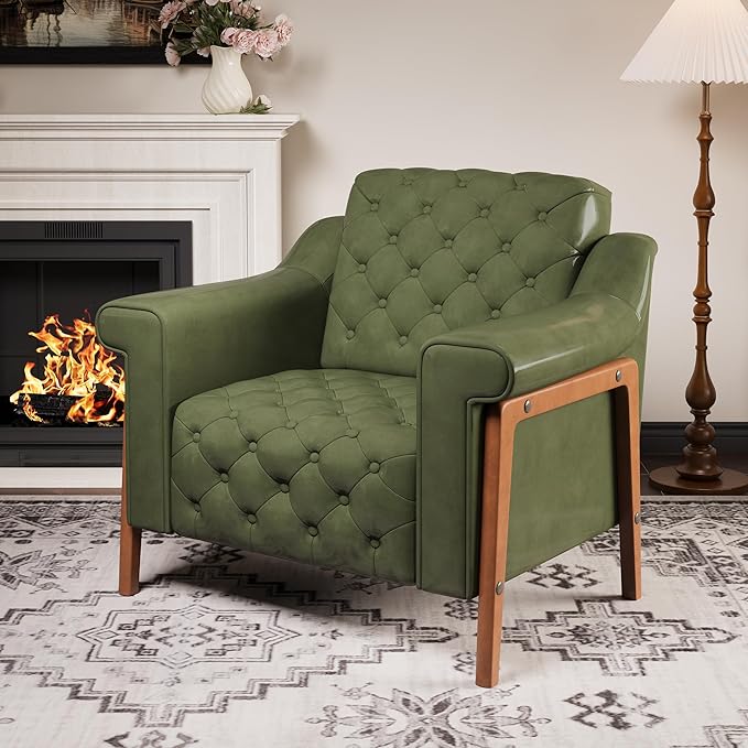 EJUNQ Faux Leather Accent Chair, Mid-Century Modern Armchair, Retro Upholstered Armchair Accent Chair Club Chair for Living Room, Bedroom, Waiting Room, Office, Green