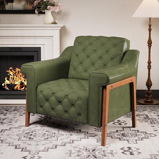 EJUNQ Faux Leather Accent Chair, Mid-Century Modern Armchair, Retro Upholstered Armchair Accent Chair Club Chair for Living Room, Bedroom, Waiting Room, Office, Green