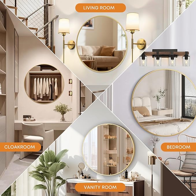 Round Mirror, Wall Mounted Circle Mirror with Brushed Metal Frame, Circular Mirrors for for Bathroom, Living Room, Vanity, Bedroom, Entryway, 36inch, Gold