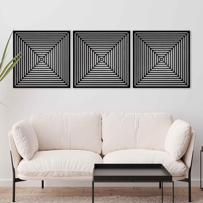Square Wood Wall Art Triptych, Mid Century Modern Minimalist Wooden Decor, Large Optical Geometric Art Deco Panels, Abstract Home Gift for Living Room and Bedroom