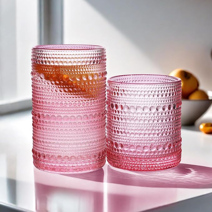 Vintage Hobnail Driinking Glasses Set, Glassware Drinking Set of 8, 12 oz Highball Glasses & 10 oz Cocktail Glasses, Tumbler Glasses for Cocktails, Whiskey, Juice, Milk
