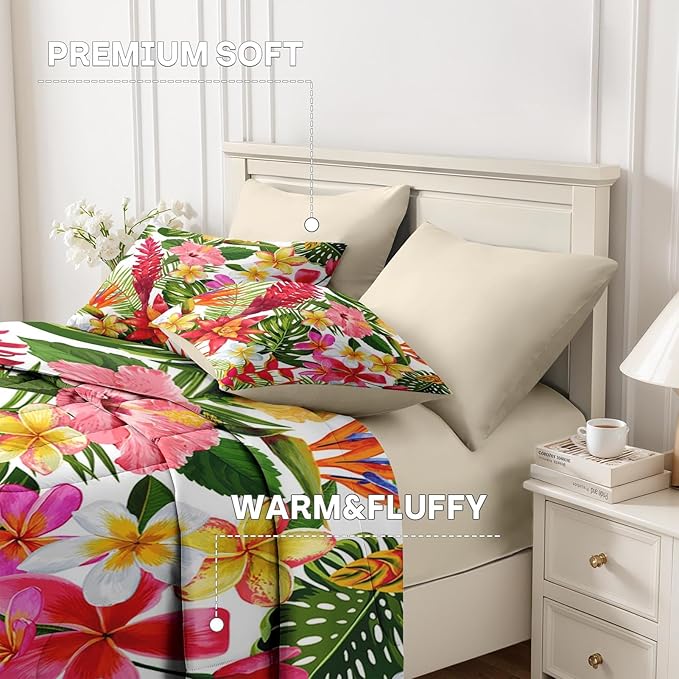 Nesker 5 Pcs Comforter Set Twin Size, Tropical Flower Palm Leaf Bedding Set for Kids and Adults, Leaves Floral Hibiscus Bed Sheet Sets with Fitted Sheet Pillowcases & Shams