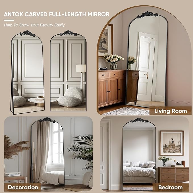 Antok Arched Full Length Mirror, 78"x38" Floor Mirror with Carved, Full Body Mirrors for HomeDecor, Standing/Halling Large Wall Mirror for Bedroom, Living Room, Cloakroom, Black, Retro Style