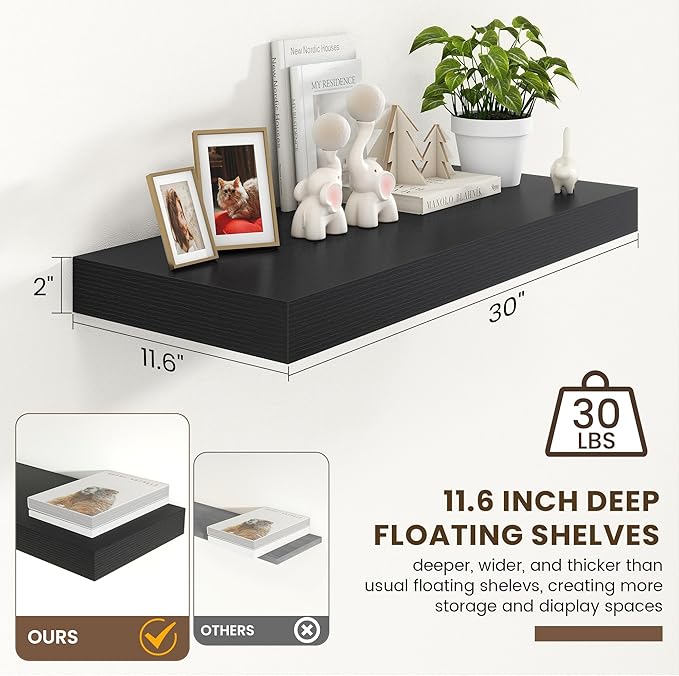 30 Inch Floating Shelves | 12 Inch Deep Black Floating Shelves | 30" W x 12" D Rustic Wood Shelves for Wall | Deep Black Shelves for Living Room Bathroom Laundry Room Kitchen