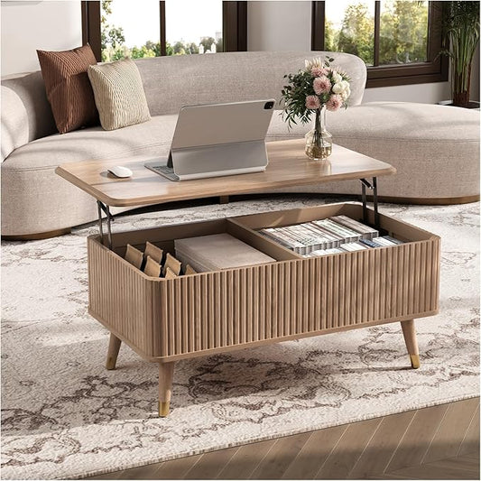Lift Top Coffee Table with Storage, Mid Century Modern Rectangular Center Table, Fluted Design with Hidden Compartment, Rising Desk for Work from Home, Living Room Furniture, Oak Finish
