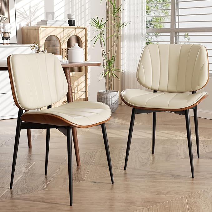 Dining Chairs Set of 2, Mid Century Modern Dining Room Chair, Upholstered Faux Leather Kitchen Chairs with Walnut Bentwood Back and Metal Legs for Kitchen Dining Room Living Room, Beige