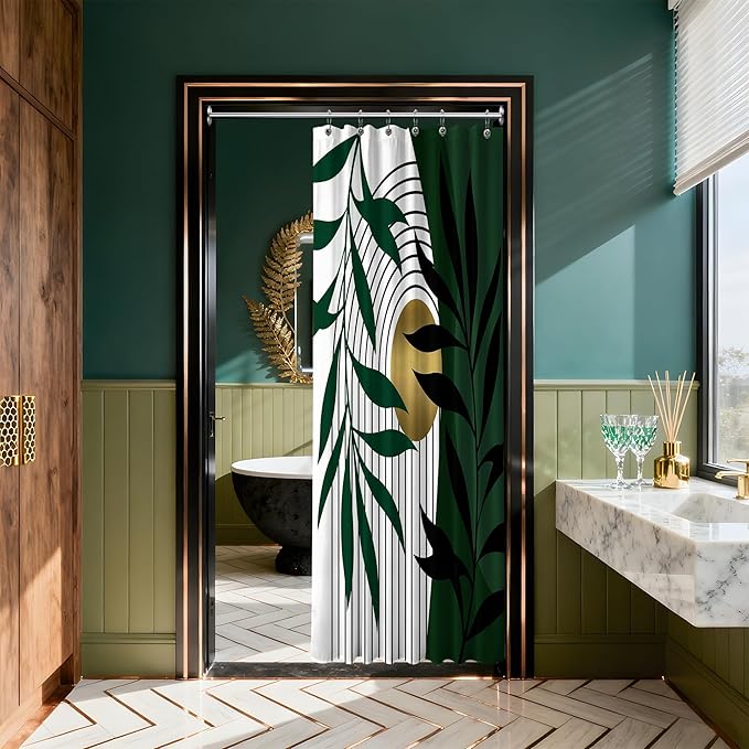 Olive Green and Gold Shower Curtain, Boho Modern Mid Century Shower Curtains for Bathroom Decor Set, Waterproof Fabric with Hooks,36" W x 72" L